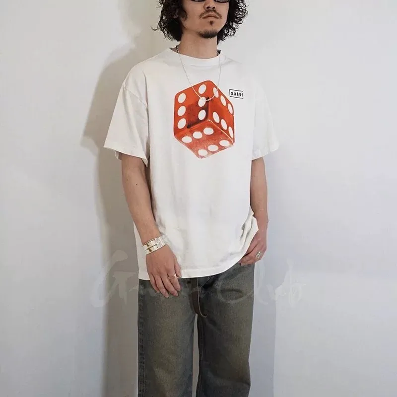SAINT Mxxxxxx CIRCLE TEE/WHT SAINT dice printed washed short sleeves off-white S-XL cylindrical side seam fabric high weight cylindrical woven tee original development highly restored printing VINTAGE black label/wash label code correct/tag code correct Invincible details Top purchasing level